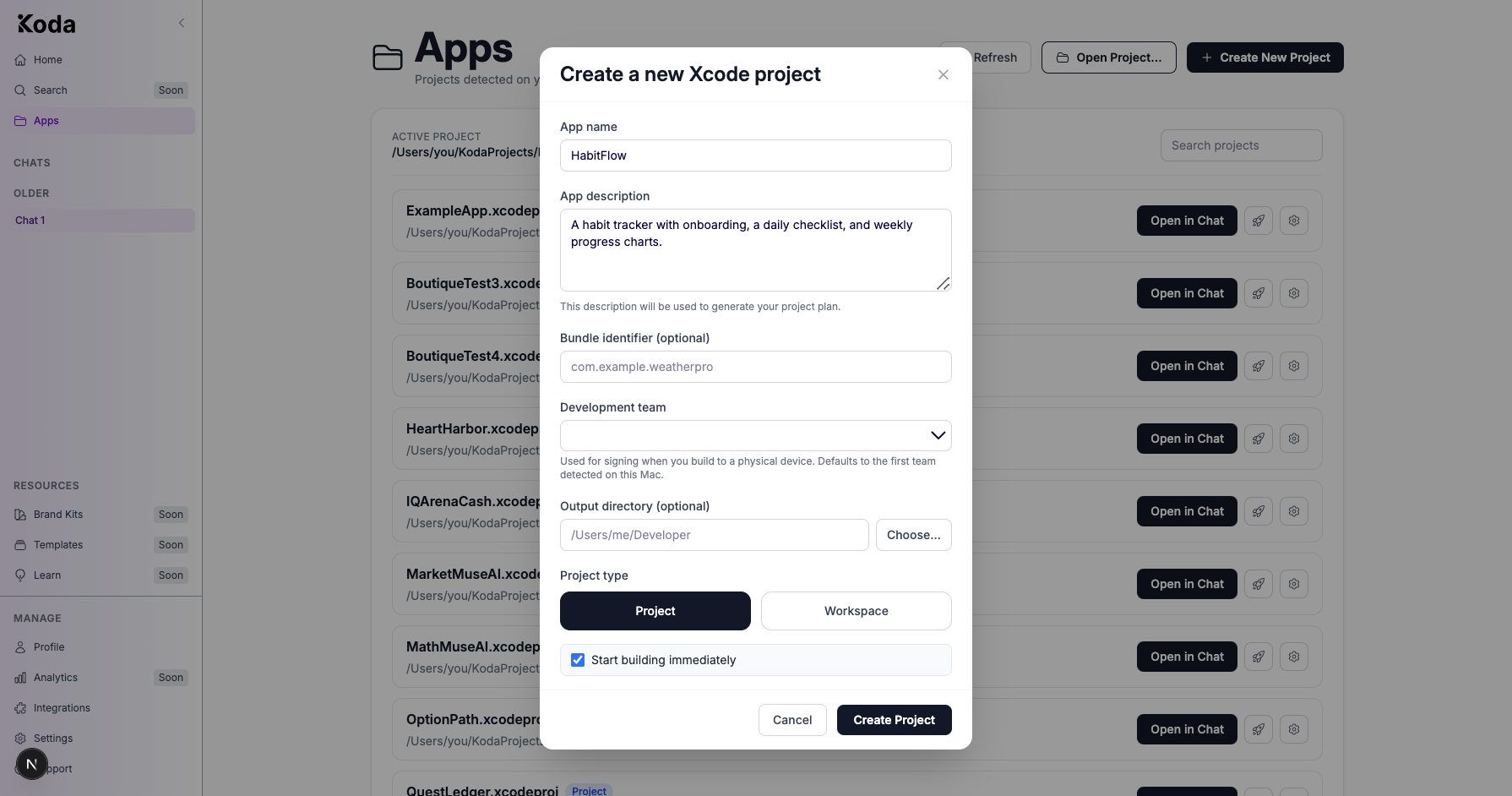 Create a new Xcode project dialog on the Apps page with app name, description, and Start building immediately checked.