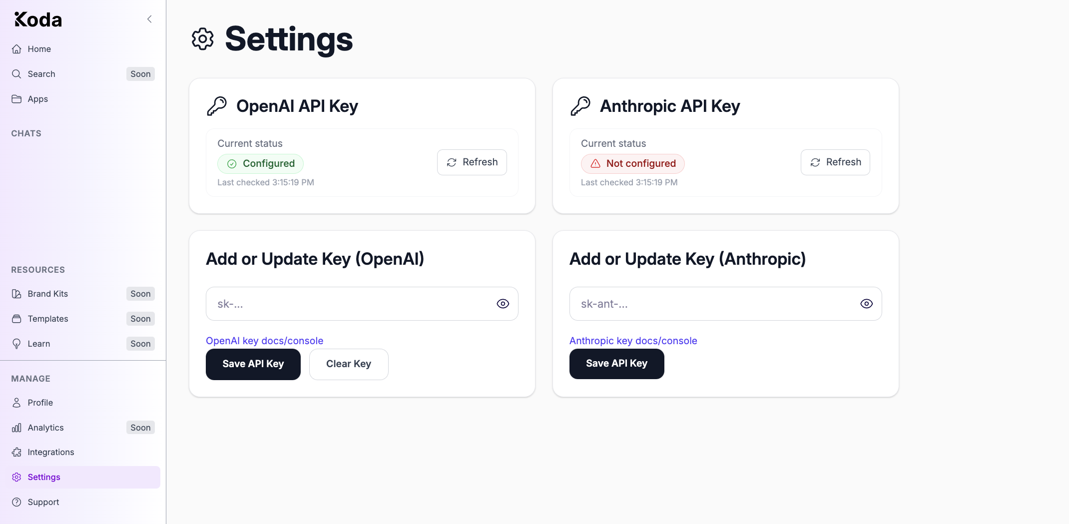 Koda Settings page with OpenAI marked Configured and Anthropic marked Not configured.