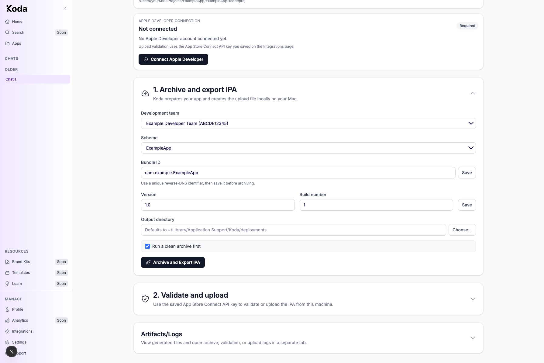 Expanded Archive and export IPA section with development team, scheme, Bundle ID, version, build number, and Archive and Export IPA button.