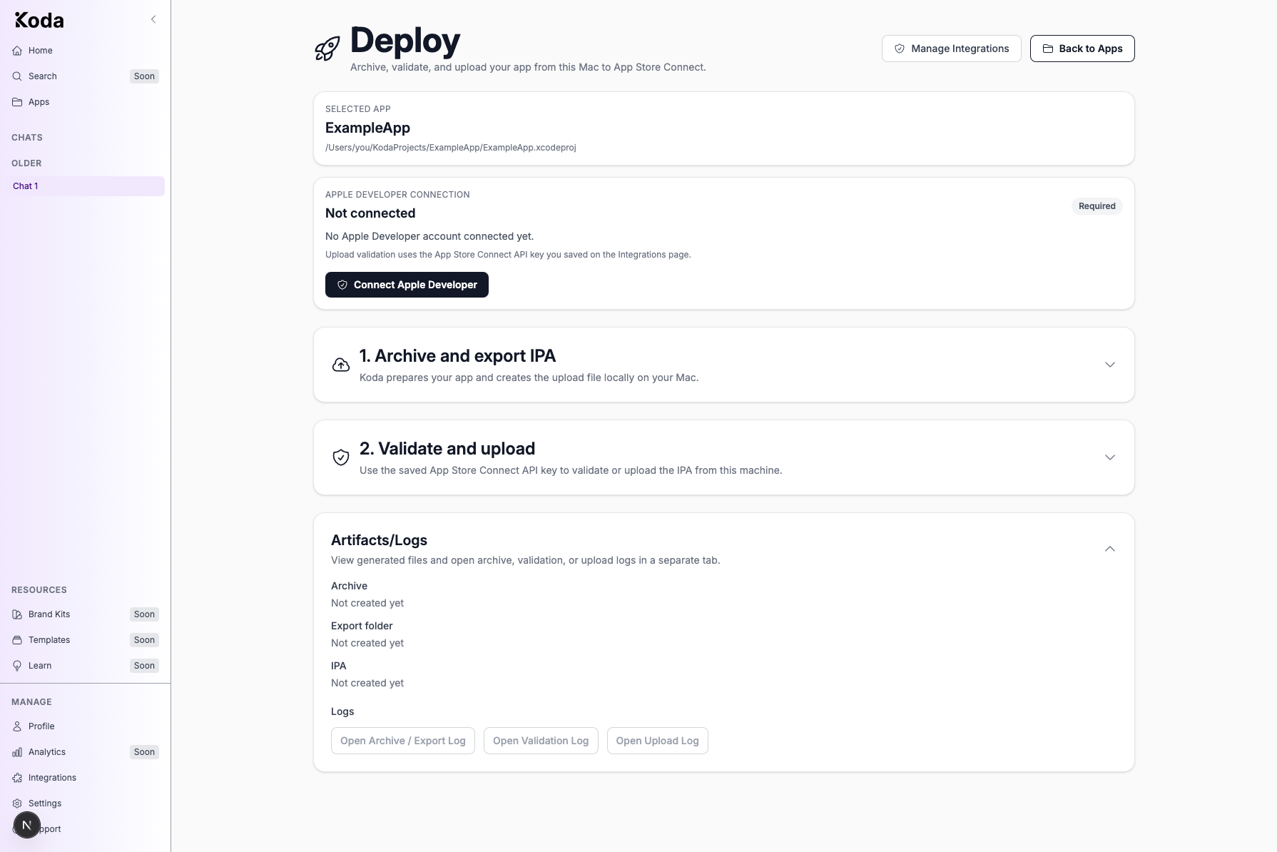 Expanded Artifacts/Logs section showing archive, export folder, IPA status, and log open buttons.