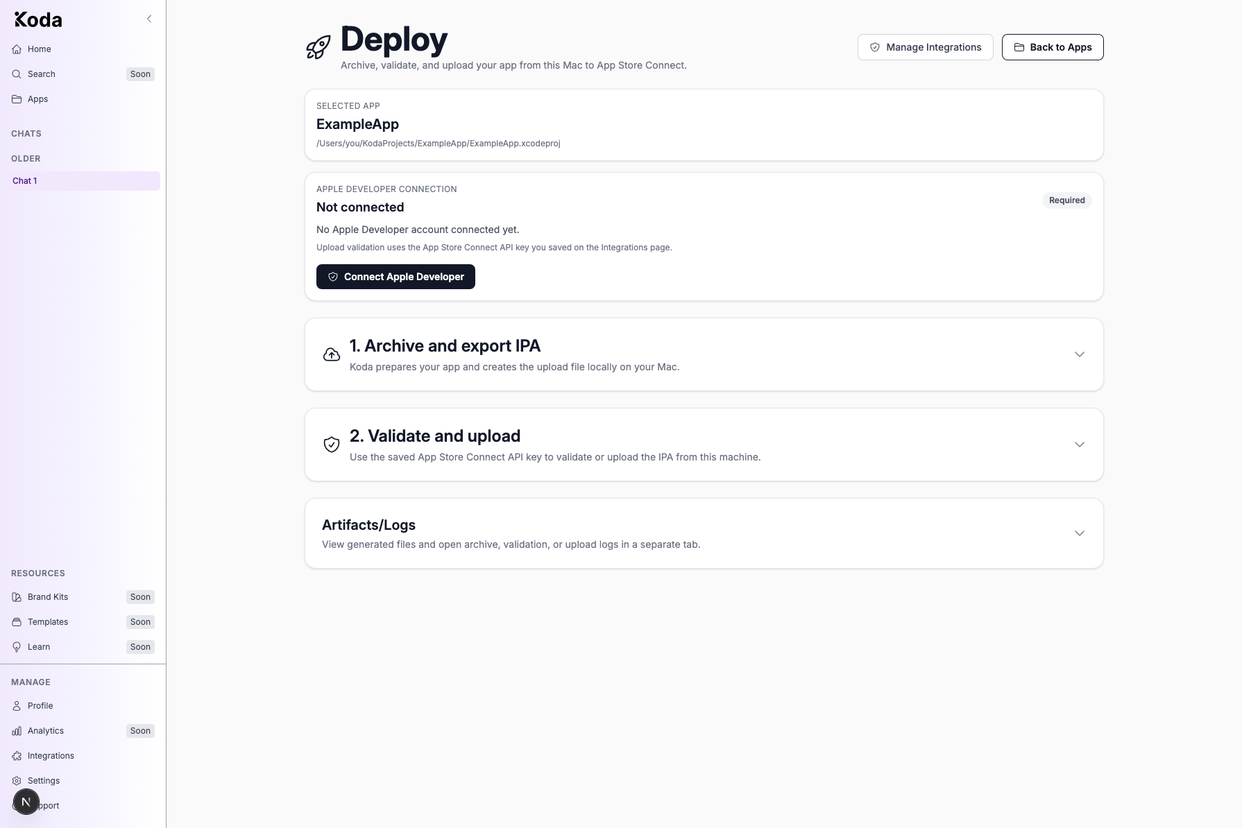 Koda Deploy page showing the selected app, Apple Developer connection status, and Archive, Validate, and Artifacts sections.