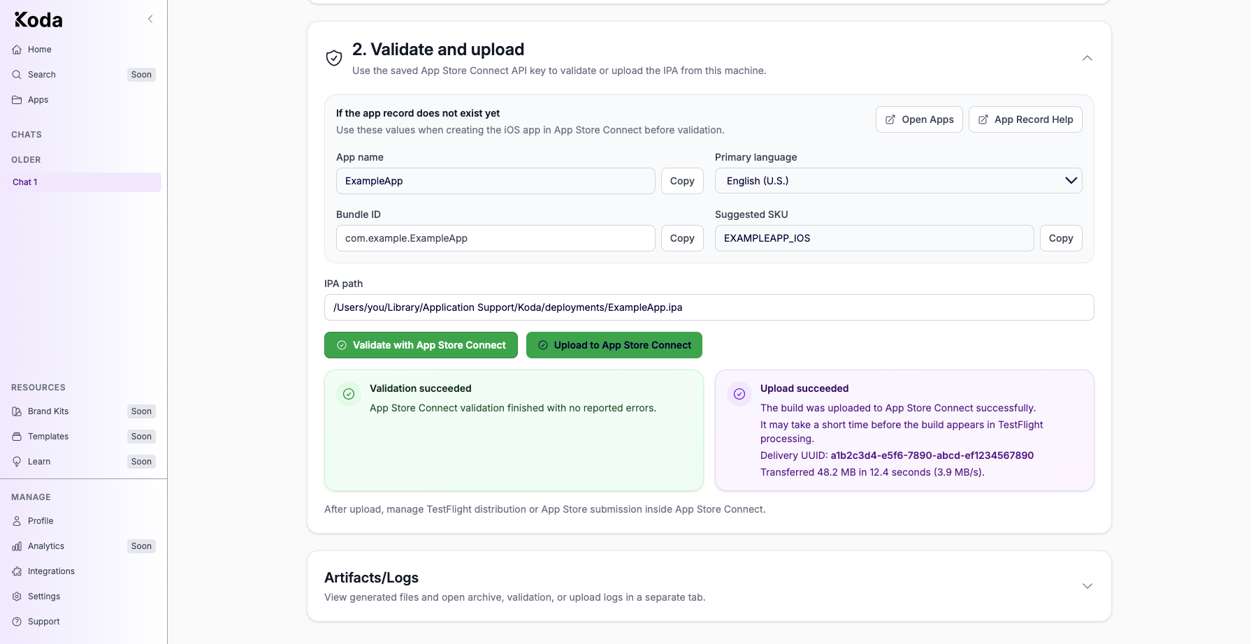 Validate and upload section showing Validation succeeded and Upload succeeded cards with delivery UUID and transfer summary.