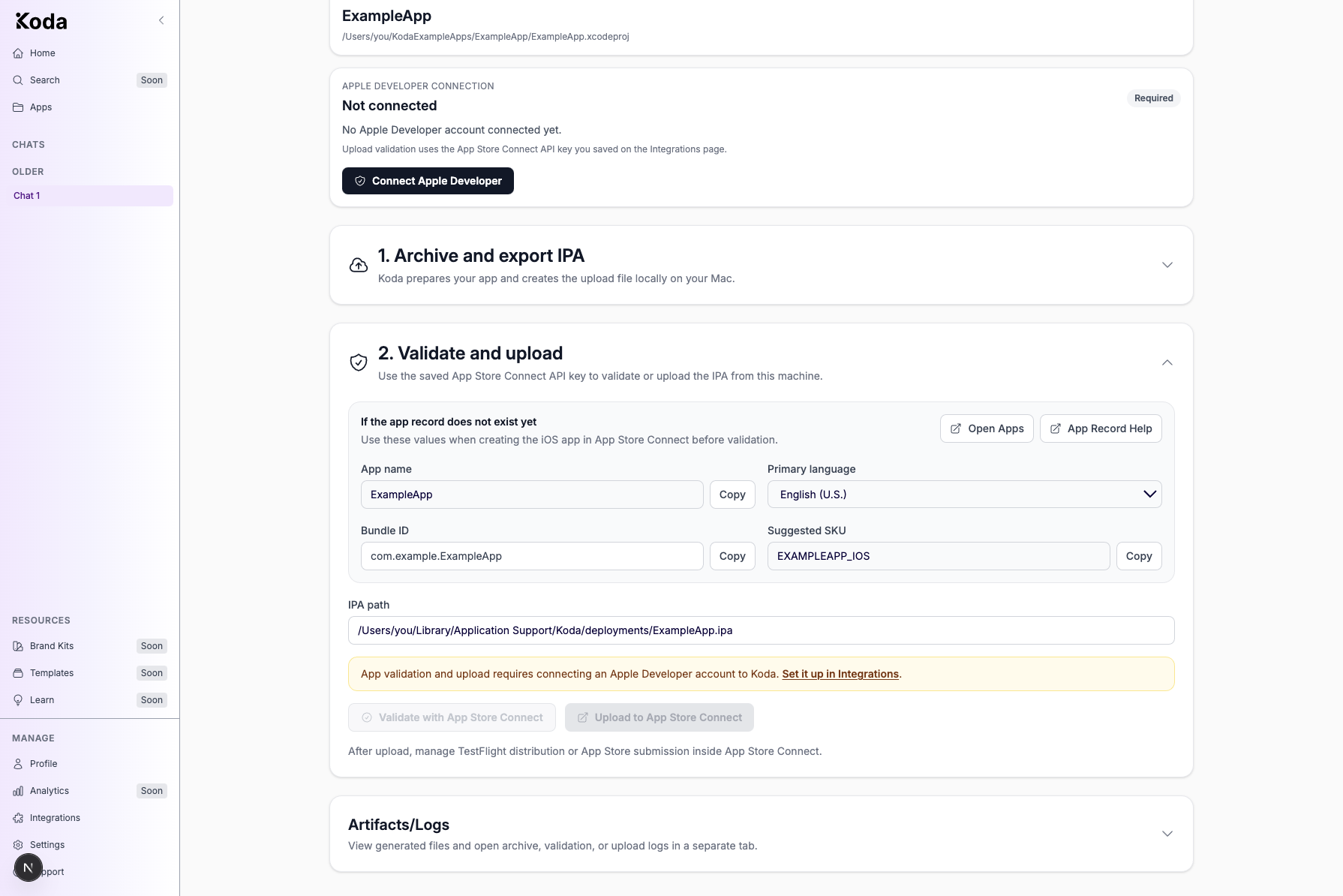 Expanded Validate and upload section with App Store Connect app-record values, IPA path, and Validate and Upload buttons.