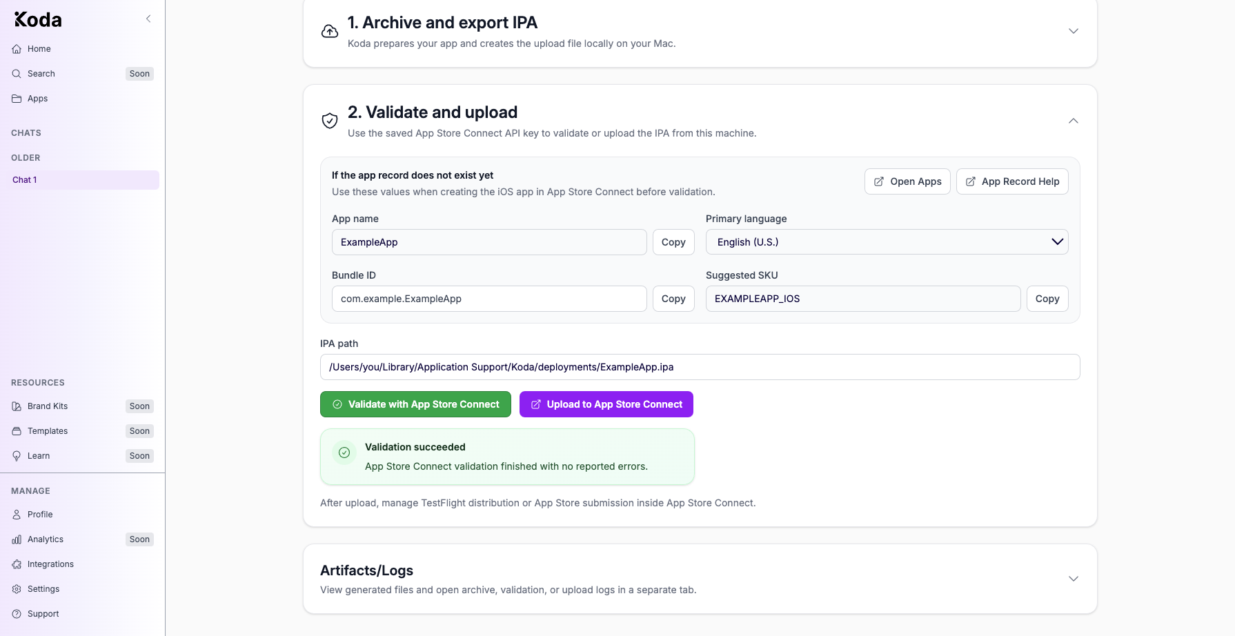 Validate and upload section after a successful run, with a green Validation succeeded card and green Validate button.