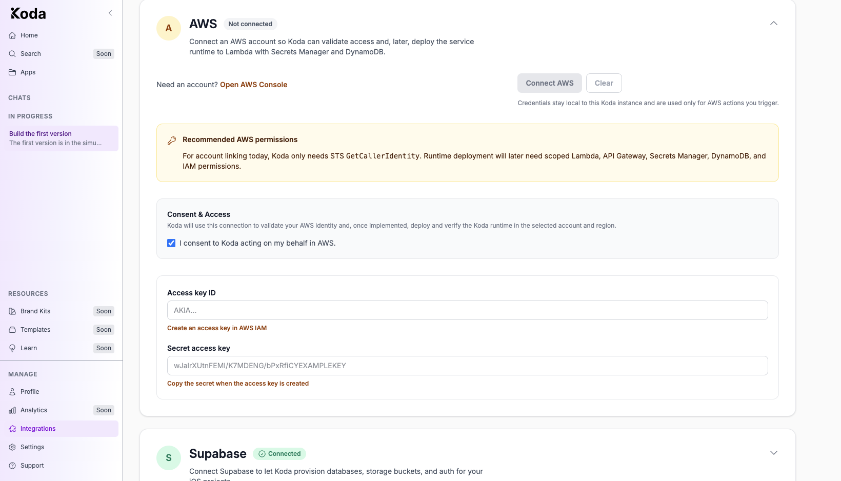 Expanded AWS integration with consent checkbox, access key fields, and Secrets Manager permission note.