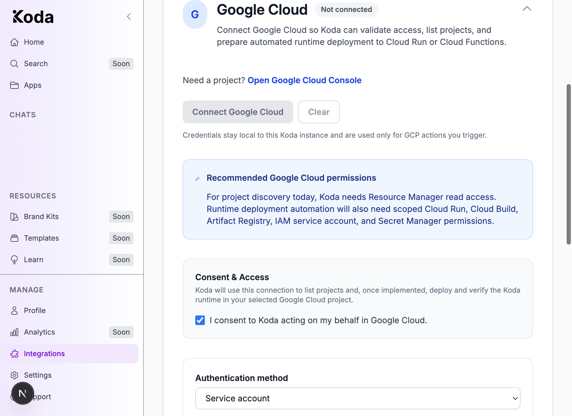 Expanded Google Cloud integration with consent checkbox, service account fields, and Secret Manager permission note.