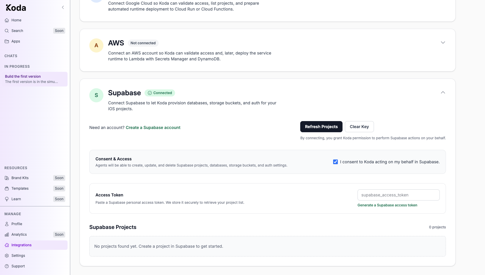 Expanded Supabase integration showing Consent & Access, Access Token field, and connected projects list.