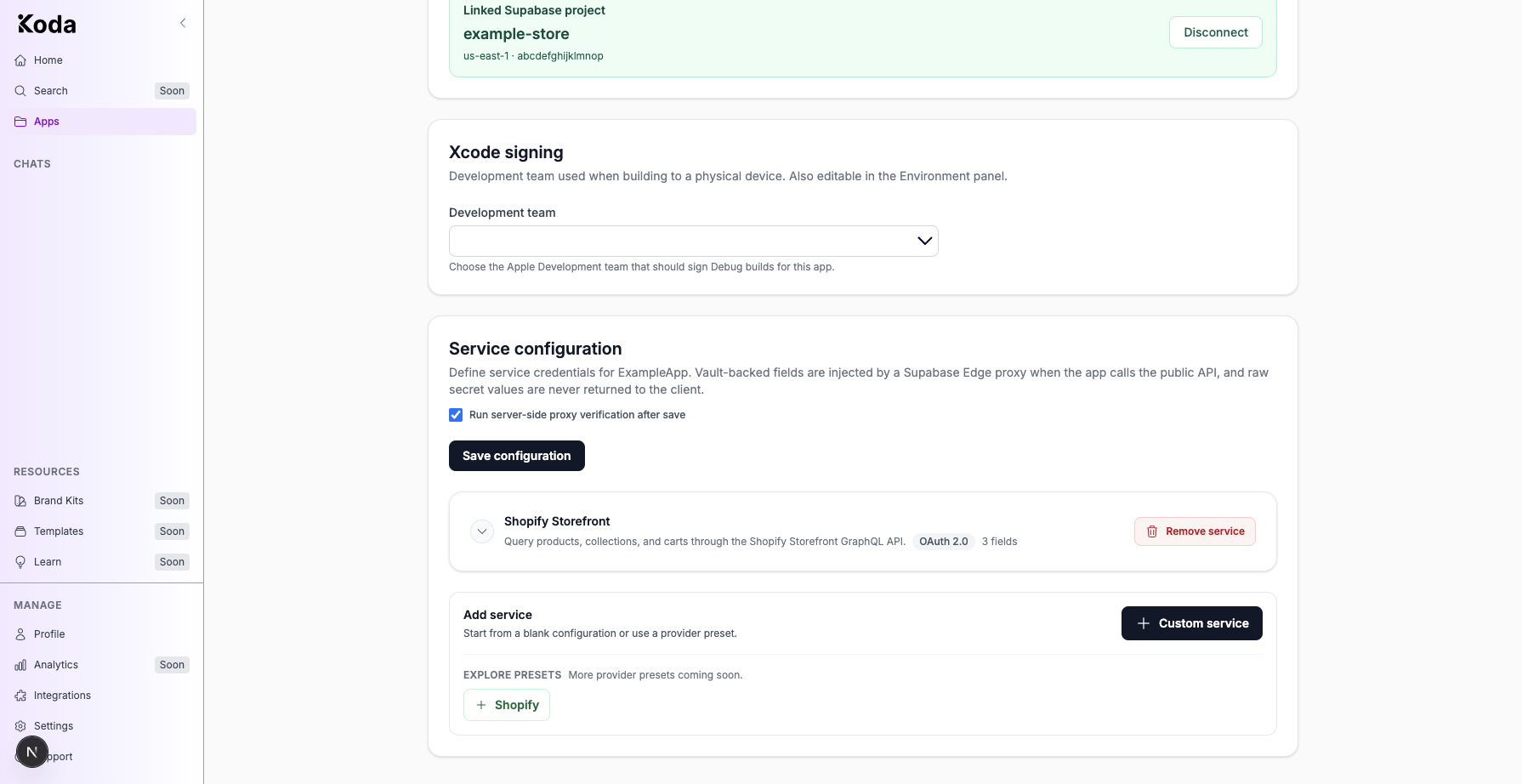 Add service panel with Custom Service and Shopify under Explore presets.