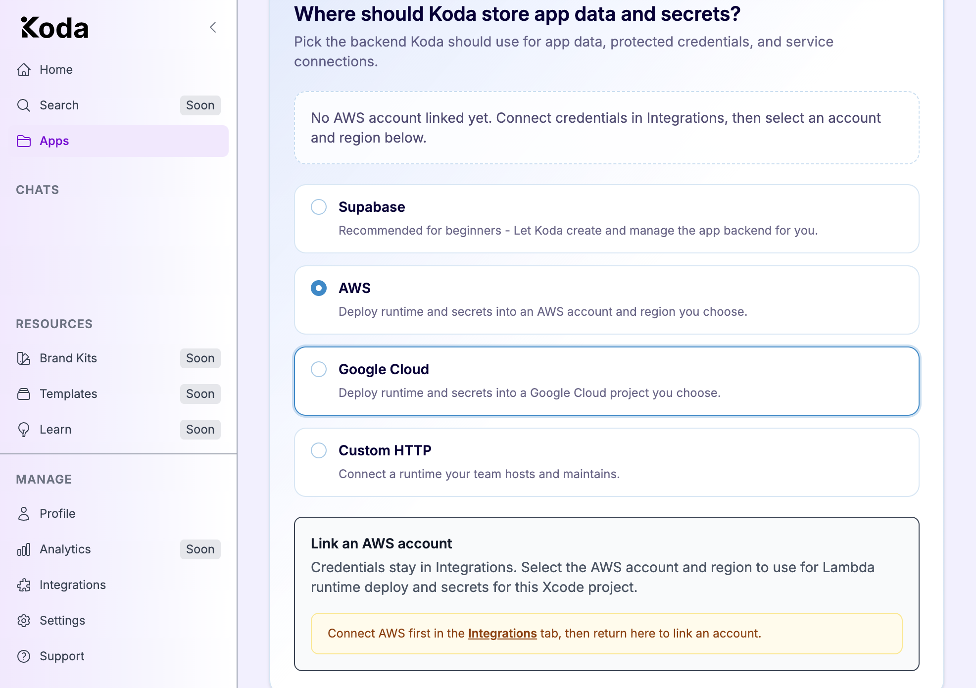 Backend picker with AWS selected and a banner to connect AWS in Integrations first.