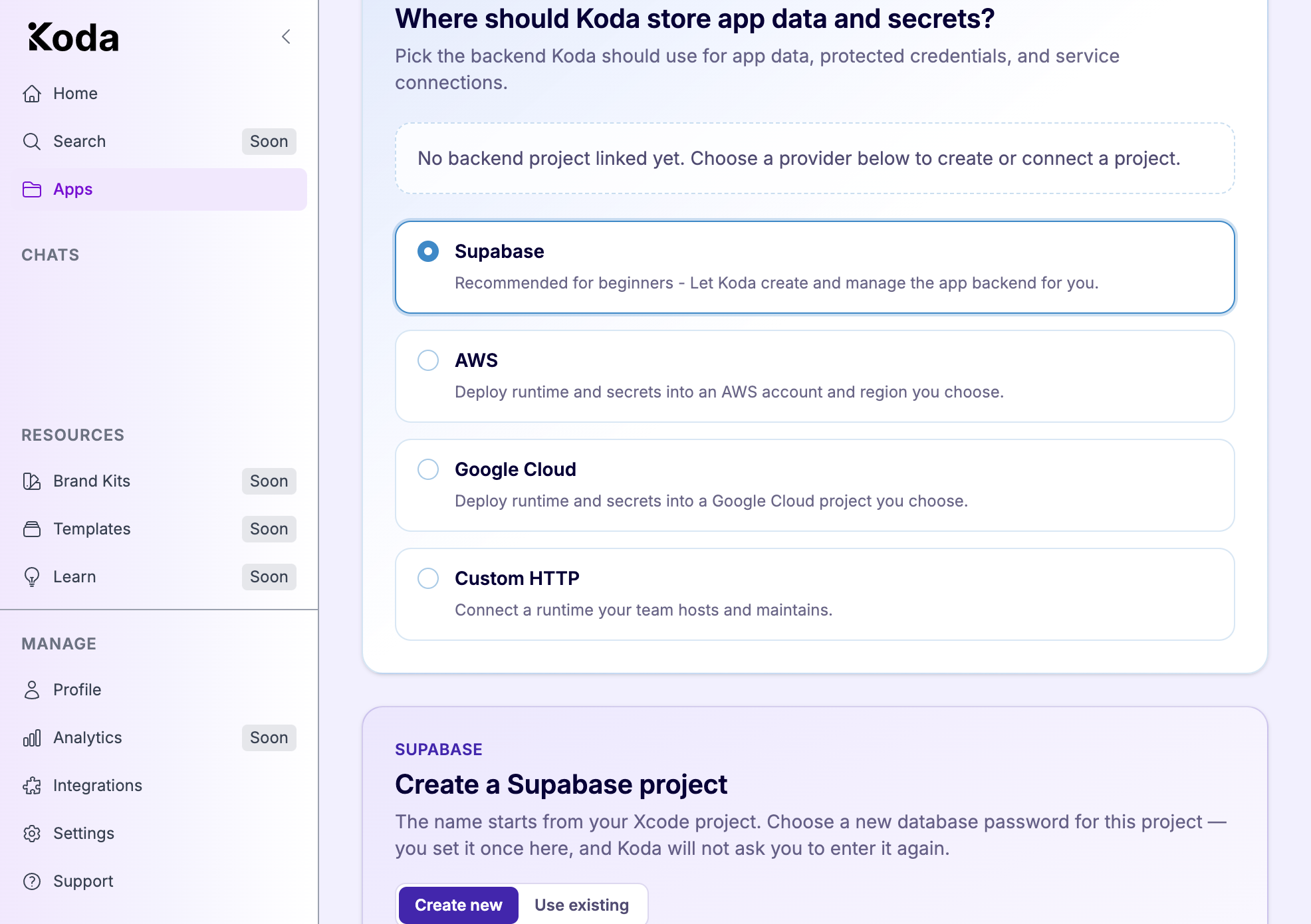 Backend picker with Supabase selected and AWS, Google Cloud, and Custom HTTP listed.