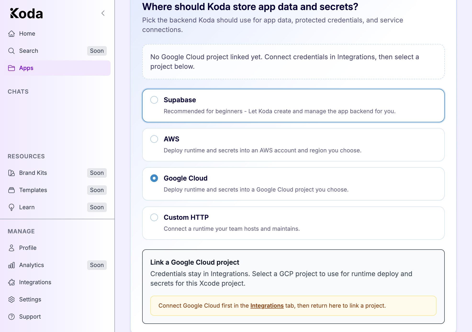 Backend picker with Google Cloud selected and a banner to connect credentials in Integrations first.