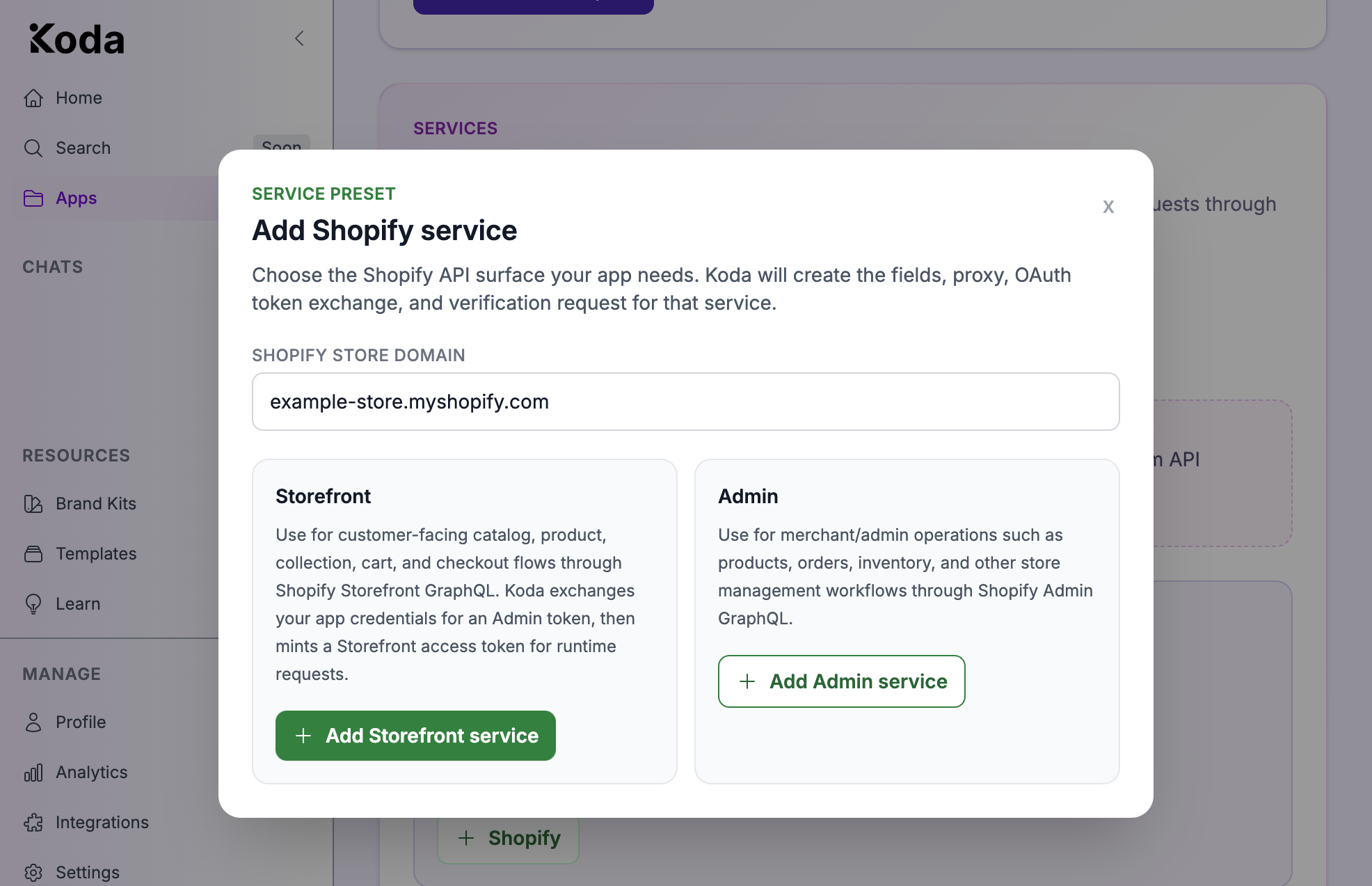 Add Shopify service dialog with store domain and Storefront versus Admin options.