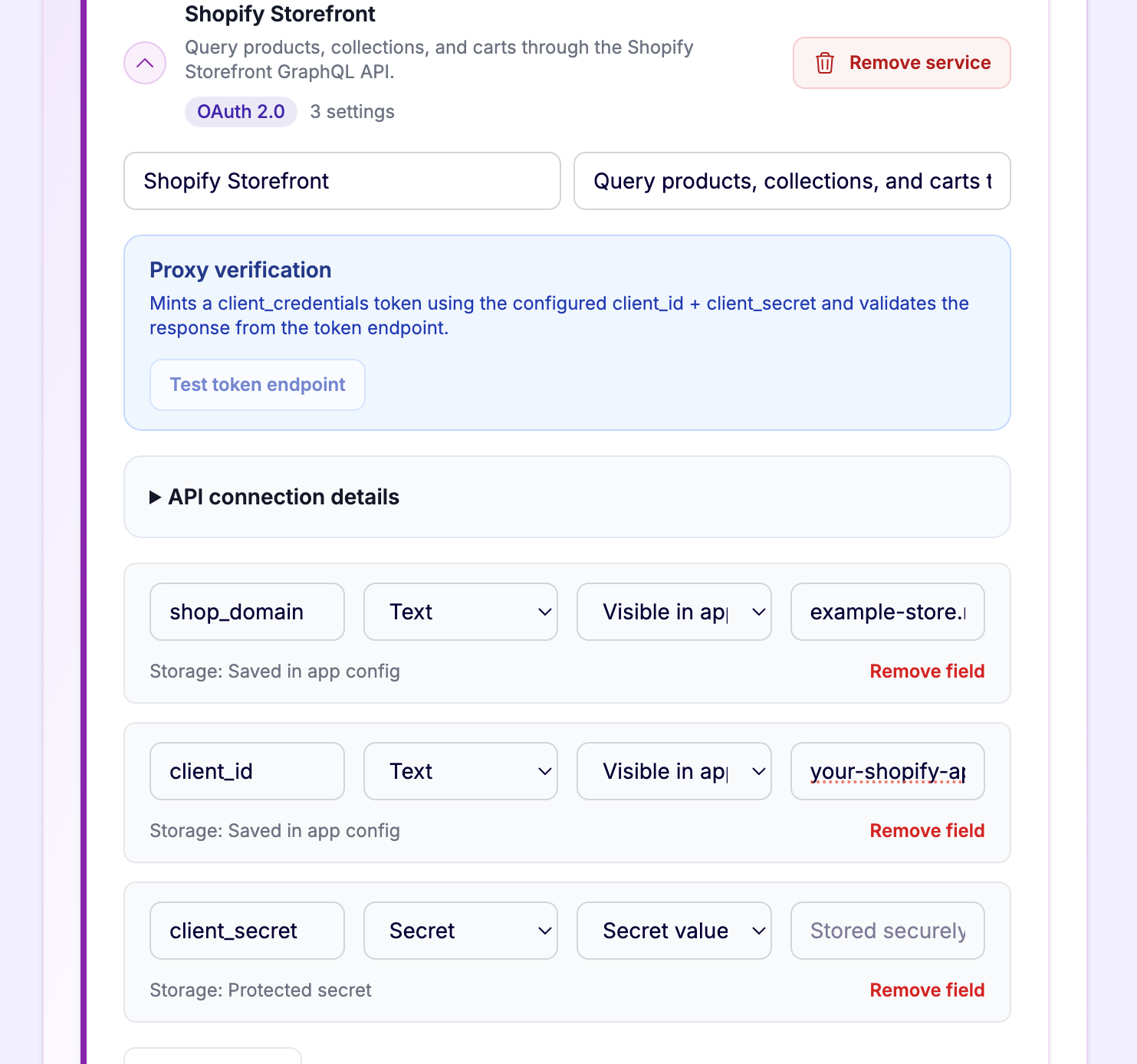 Expanded Shopify Storefront service showing proxy verification and client ID, client secret fields.