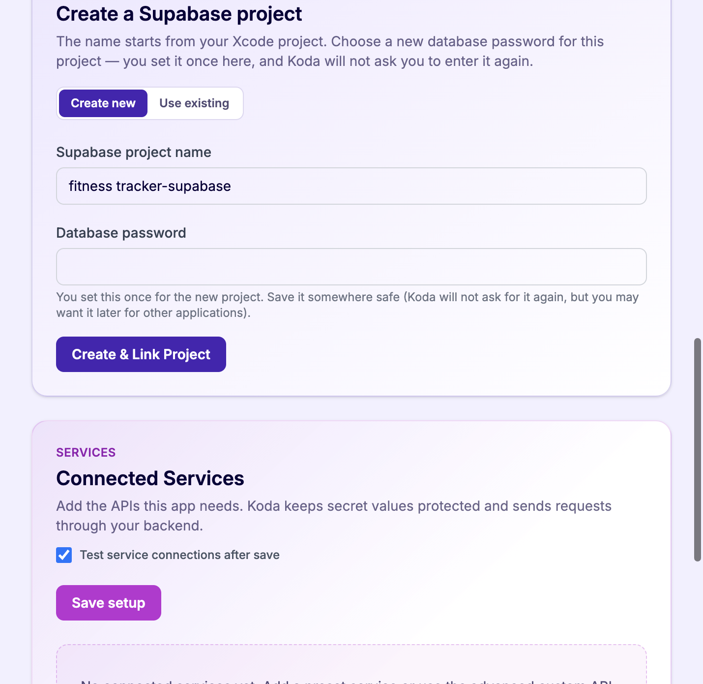 Create a Supabase project form with Create new selected, project name, database password, and the one-time password explainer.