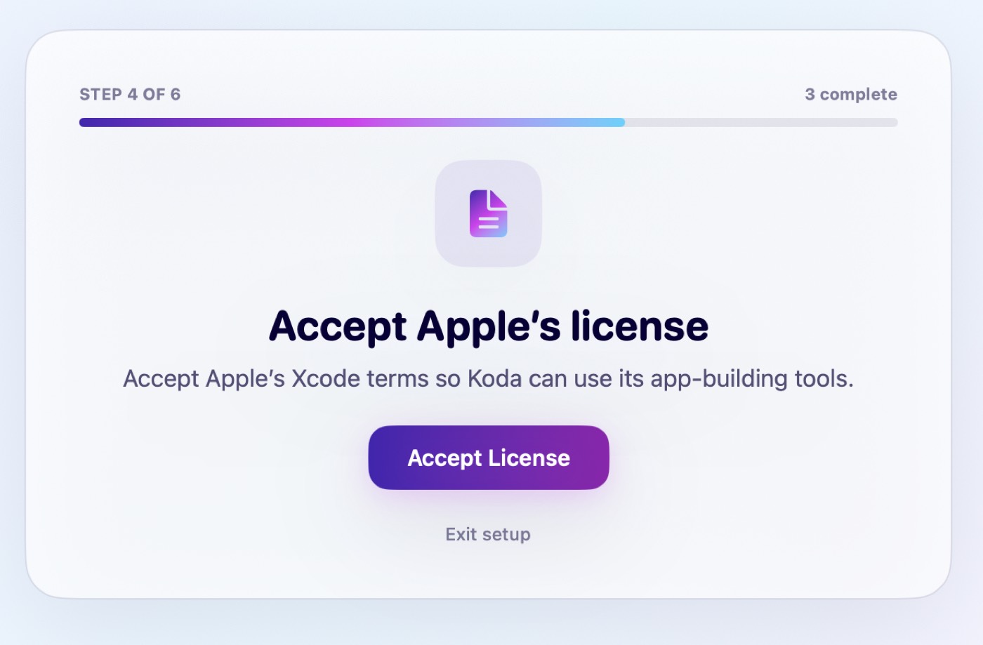Koda setup step Accept Apple’s license with an Accept License button.