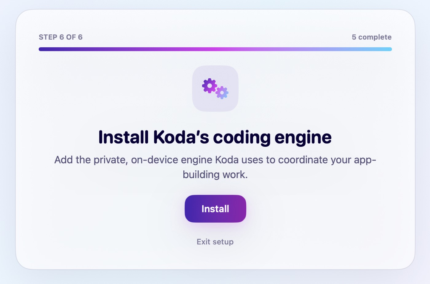 Koda setup step Install Koda’s coding engine with an Install button.