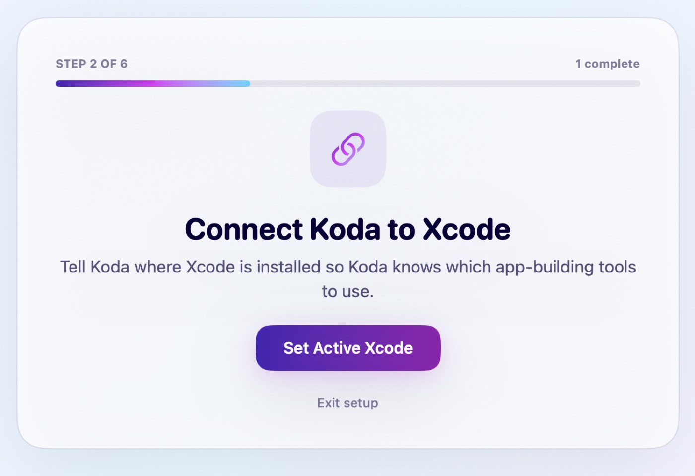 Koda setup step Connect Koda to Xcode with a Set Active Xcode button.