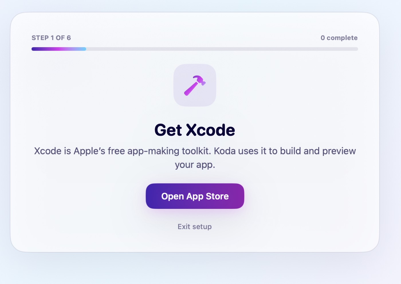 Koda setup step Get Xcode with an Open App Store button.