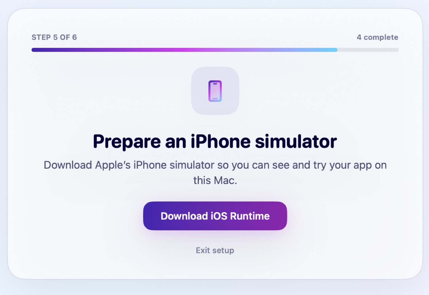 Koda setup step Prepare an iPhone simulator with a Download iOS Runtime button.
