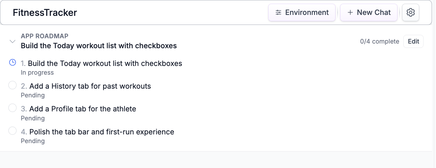 Expanded App Roadmap in the builder showing numbered steps, In progress and Pending status, 0/4 complete, and Edit.