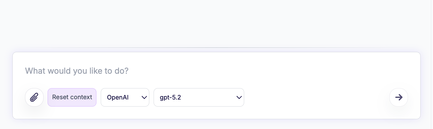Builder composer with What would you like to do, Reset context, and the shared OpenAI model picker.