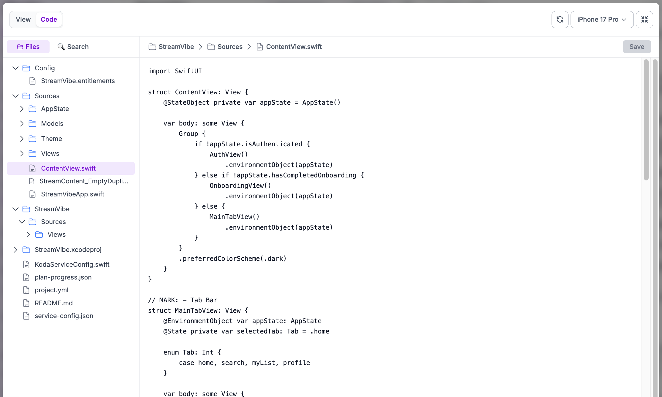 Koda builder Code tab showing the project file tree and ContentView.swift beside the chat area.