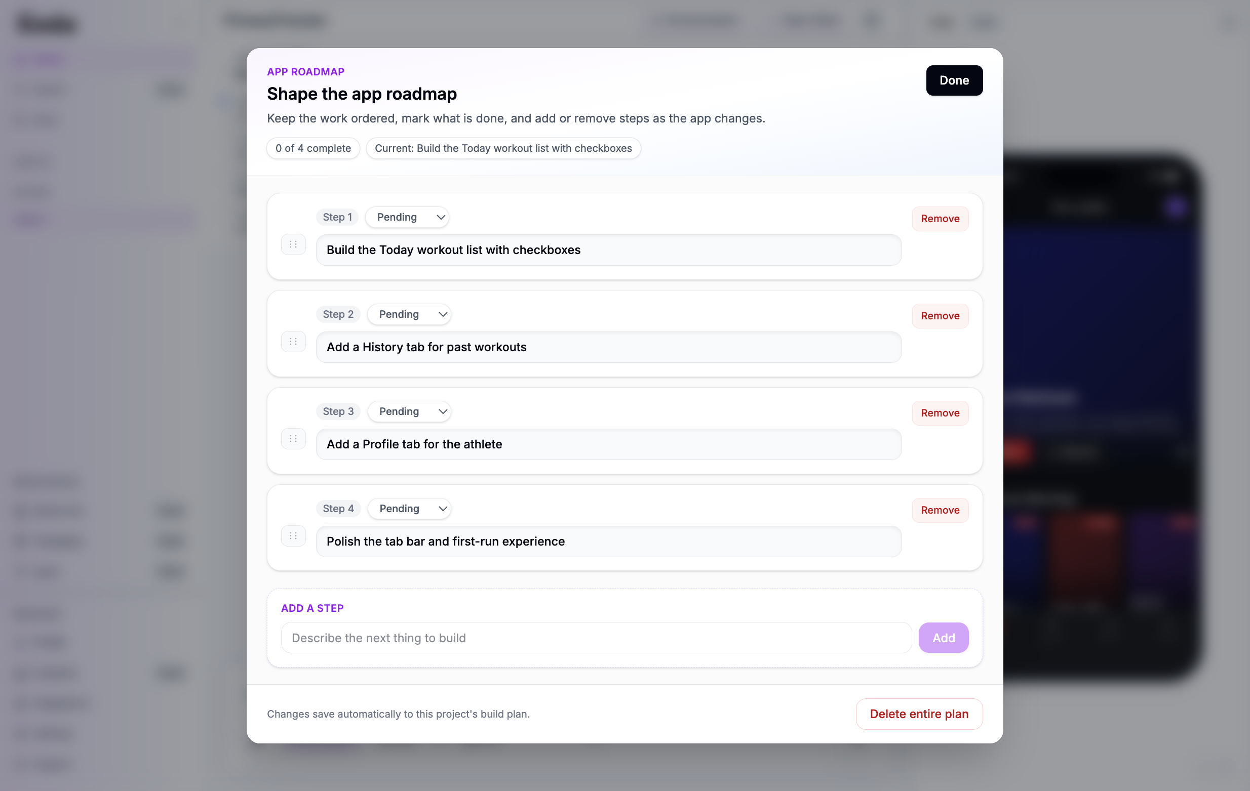 Shape the app roadmap editor with reorder handles, Pending or Complete status, editable titles, Remove, and Add a step.