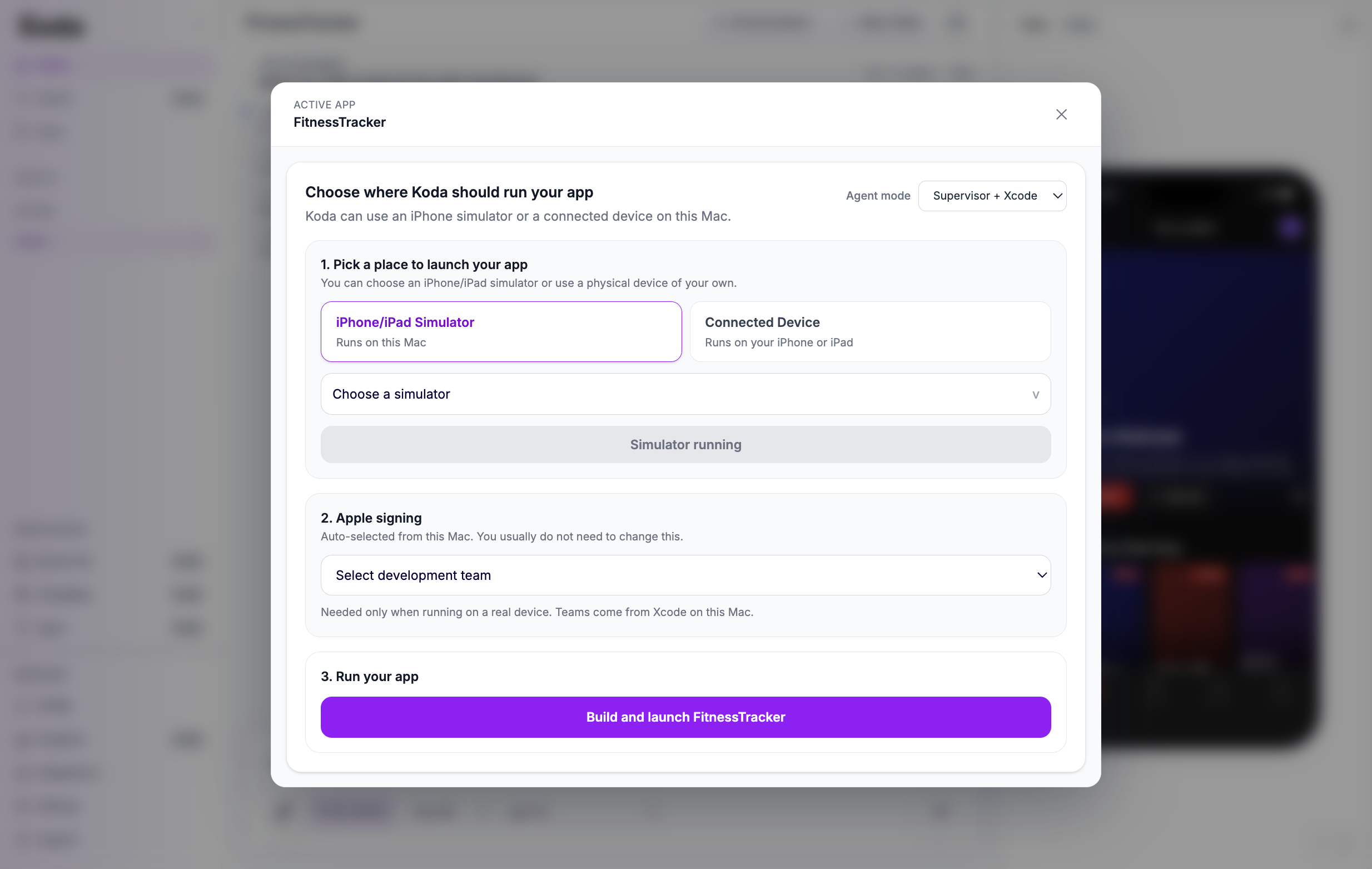 Environment modal titled Choose where Koda should run your app, with Agent mode, simulator versus connected device, Apple signing, and Build and launch.